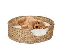 Relaxdays Pet Bed for Dogs and Cats, Round, HWD: 15 x 49 x 49 cm, Woven Basket with Removable Cushion, Natural/Cream, Plant fibre