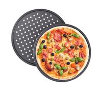 Relaxdays Pizza Tray, Set of 2, Round, with Holes, Nonstick, Tarte Flambée, Carbon Steel, Dough Tray, ∅ 32 cm, Grey