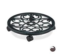 Relaxdays Round Plant Caddy, Metal Flower Pot Roller for Indoors & Outdoors, Antique Look, Ø 38 cm, Green