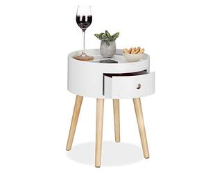 Relaxdays Round Side Table with Drawer, Wooden Legs, Scandinavian Design, Minimalistic, HxD 46 x 38 cm, White/Natural