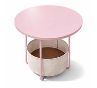 Relaxdays Round Side Table with Fabric Basket, MDF & Metal, H 50 x D 45 cm, Pink-Cream for Living Room