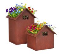 Relaxdays Rust Garden Decor, Set of 2, 2 Sizes, Metal Plant Pots & Lantern Houses, Brown