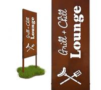 Relaxdays Rust-Patina Garden Stake, Weatherproof Iron Decoration, Grill & Chill, 115 x 28 x 1.5 cm, Brown
