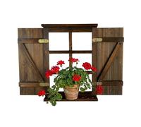 Relaxdays Rustic Charred Wood Window Frame Decoration with Shutters, Shelf, 63x45x9.5 cm, Brown