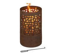 Relaxdays Rustic Fire Barrel with Grate, Poker, Spark Protection, H x Ø: 60 x 37 cm, Stone Pattern, Corten Steel, Brown