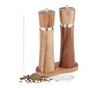 Relaxdays Salt and Spice Mill, Set of 2, Manual, Ceramic Grinder, with Stand, Acacia & Stainless Steel, Brown/Silver, Wood, 22 x 7 x 15 cm