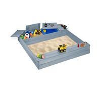 Relaxdays Sandbox Pit, 2 Mud Pools, Bench, Storage Compartment, HWD 18x120x125 cm, Sandpit, Fir Wood, Grey, 18 x 120 x 125 cm