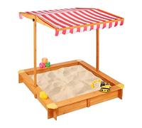 Relaxdays Sandpit, with Adjustable Roof, HxWxD: 117 x 117 x 117 cm, Sand Pit with Bottom Fleece, Pine Wood, Natural, Polyester