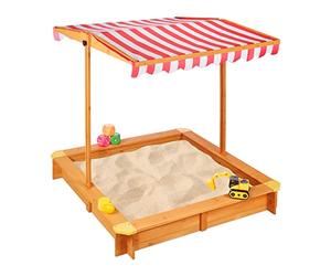 Relaxdays Sandpit, with Adjustable Roof, HxWxD: 117 x 117 x 117 cm, Sand Pit with Bottom Fleece, Pine Wood, Natural
