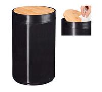 Relaxdays Sanitary Bin, Bamboo Swing Lid, Modern Bathroom Trash Can, Plastic, 5.5 L, H x D: 26.5 x 18 cm, Black