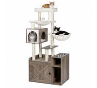 Relaxdays, Scratching Post with Litter Cupboard, 2 bowls & cave, sisal, magnetic door, white wood-effect