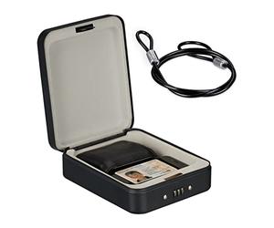 Relaxdays Security Box, Combination Lock, Portable, Security Cable, Car Safe, H x W x D: 6 x 16 x 20 cm, Steel, Black