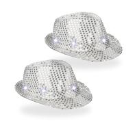 Relaxdays Sequin Hat, Set of 2, with 6 LEDs, 3 Light Modes, Glitter, Men & Women, Party Hats for New Year's Eve, Silver