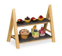 Relaxdays Serving Stand, 2 Tiers, with Slate Plates, HWD 27x32x17 cm, Rustic, Bamboo Frame, Afternon Tea, Natural/Grey