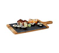 Relaxdays Serving Tray, Bamboo, Slate, Chopping Board, Handle, Rustic, HxWxD: 1.8 x 45 x 22.5 cm, Grey