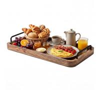 Relaxdays Serving Tray, Solid Mango Wood, Black Steel Handles, Brown/Black
