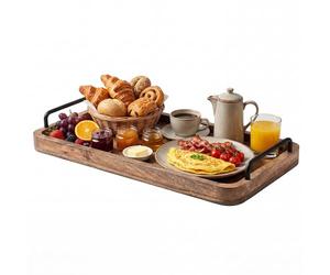 Relaxdays Serving Tray, Solid Mango Wood, Black Steel Handles, Brown/Black