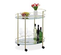 Relaxdays Serving Trolley, 4 Castors, 2 Shelves, HWD: 79 x 45 x 65.5 cm, Cart for Drinks and Snacks, Glass & Iron, Gold