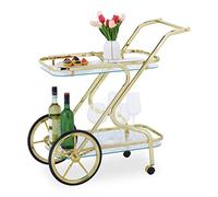 Relaxdays Serving Trolley, 4 Castors, 2 Shelves, HxWxD: 80 x 43 x 85 cm, Cart for Drinks and Snacks, Glass & Iron, White