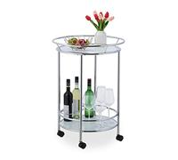 Relaxdays Serving Trolley, 4 Castors, HxØ: 77 x 56 cm, Cart for Drinks and Snacks, 2 Glass Round Shelves, Silver Frame