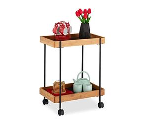Relaxdays Serving Trolley, Tea Station with 2 Tiers, Bamboo & Iron, Side Table on Casters, 57x46x28 cm, Natural/Black