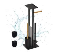 Relaxdays Set, HWD: 65x21x18 cm, freestanding Toilet Brush, Spare roll Holder, Black/Bamboo, Iron, Plastic, 65 x 21 x 18 cm