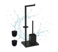 Relaxdays set, HWD: 67.5 x 20 x 15.5 cm, metal, standing toilet paper, brush, spare roll holder, black, Plastic Iron