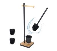 Relaxdays Set, HxWxD: 67 x 18 x 18 cm, Steel & Bamboo, Standing Paper Holder, Toilet Brush, Black/Natural, Plastic