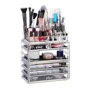 Relaxdays Set of 1 Organiser with 6 Drawers, 22 Compartments for Makeup Storage, Acrylic Cosmetic Tower, Gold