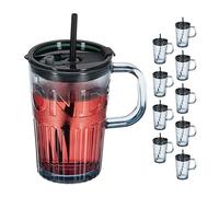 Relaxdays Set of 10 Cups, Drinking Glasses with Lid & Straw & Handle, Vol. 450 ml, Transparent, 13 x 13 x 8.5 cm
