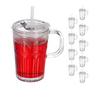 Relaxdays Set of 10 Cups, Drinking Glasses with Lid & Straw & Handle, Vol. 450 ml, Transparent, 13 x 13 x 8.5 cm
