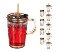 Relaxdays Set of 10 Cups, Drinking Glasses with Lid & Straw & Handle, Vol. 450 ml, Transparent, 13 x 13 x 8.5 cm