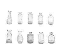 Relaxdays set of 10 vases, textured, vintage design, glass, H: 10-14.7 cm, small decorative table vases, transparent
