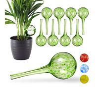 Relaxdays Set of 10 Watering Globes, Regulated Irrigation for Plants & Flowers, Office & Holiday Aid, Glass, Green