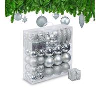 Relaxdays Christmas Bauble Set of 110, Glittery, Matt & Shiny Ornaments, Plastic Xmas Tree Balls, HxD: 9 x 8 cm, Silver