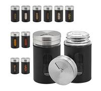 Relaxdays, set of 12, 3 shaker functions, herbs & spices, glass jars, stainless steel, black/silver, 8.5 x 5 x 5 cm