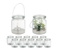 Relaxdays Candle Lanterns, Set of 12, Glass, with Handle, Tealight Holders, 9.5 x 8 cm, Indoors & Outdoors, Clear/Silver