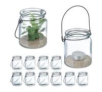 Relaxdays Candle Lanterns, Set of 12, Glass, with Handle, Tealight Holders, 9.5 x 8 cm, Indoors & Outdoors, Clear/Black, 80% 20% Iron