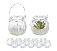 Relaxdays Candle Lanterns, Set of 12, with Handle, Round Glass, Tealight Holders, 7.5 x 8 cm, Indoors & Outdoors, Clear