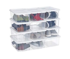 Relaxdays Set of 12, Plastic Shoe Boxes, Stackable, Transparent Storage Container with Lid, Organisation, HWD: 12.5 x 20 x 34.5 cm, White