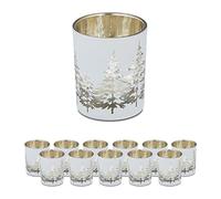Relaxdays Set of 12 Tealight Holders, with Christmas Tree Design, HxDiam.: 8.5 x 7 cm, Votive Candle Glass, White/Gold