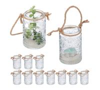 Relaxdays Candle Lanterns, Set of 12, Glass, with Handle, Indoors & Outdoors, Tealight Holders, 10.5 x 7 cm, Clear/Brown