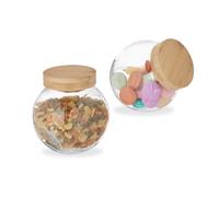Relaxdays 2X Candy Jars with Bamboo Lids, Storage for Sweets, Decorative Kitchen Accessories, 1.5 l, Transparent/Natural, 17 x 19 x 11.5 cm