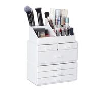Relaxdays Set of 2 Organiser with 6 Drawers, 22 Compartments for Makeup Storage, Acrylic Cosmetic Tower, White