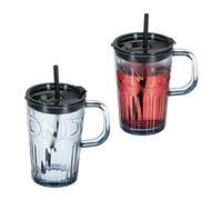 Relaxdays Set of 2 Cups, Drinking Glasses with Lid & Straw & Handle, Vol. 450 ml, Grey, 80% Silicone 10% Plastic, 13 x 13 x 8.5 cm