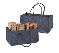 Relaxdays Set of 2 Firewood Bags, Felt, 28 l Vol, Foldable Storage Basket, Logs and Other Items, 25x50x25cm, Dark Grey