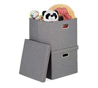Relaxdays, Set of 2, Foldable Storage Basket, with Lid, 51 L each, Square Organiser Box, 34x43x43 cm, Grey, Cotton, 34 x 43 x 43 cm