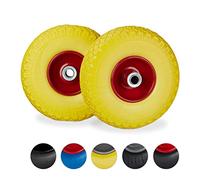 Relaxdays Set of 2 Hand Truck Tyres, Non-Flat Solid Rubber Wheels, 3.00-4”, 20mm Axle, 100 kg, 260x85mm, Yellow/Red