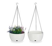 Relaxdays Set of 2 Hanging Baskets with Water Reservoir, HxØ: 67 x 28.5 cm, Out- & Indoor, Suspended Pot, Plastic, White