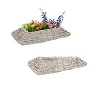Relaxdays Set of 2 Plant Pots, Rattan, Flower Baskets with Foil, 10x55x25 cm, Triangular Indoors Planters, White/Natural, Fibre